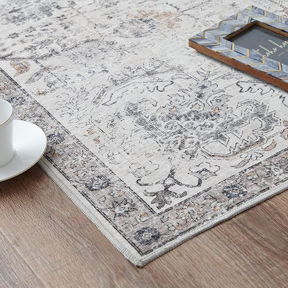jinchan Area Rug 9x12 Washable Living Room Rug Vintage Indoor Large Floor Cover Retro Accent Mat Distressed Gray Floral Country Boho Non Slip Thin Carpet for Bedroom Kitchen Dining Room Office Grey