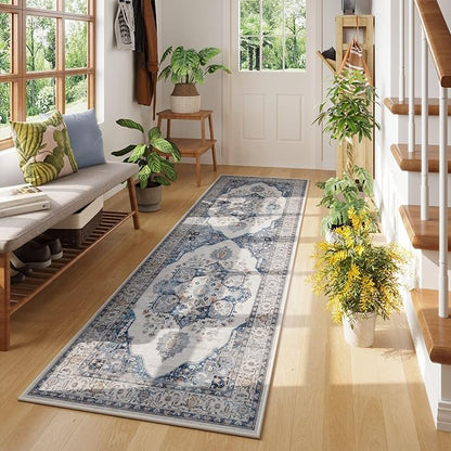 Rugcomf Vintage Medallion Kitchen Runner 2'x6' - Machine Washable Rug, Non-Slip Low Pile Boho Carpet for Hallways, Laundry, Bedroom, Bathroom - Blue