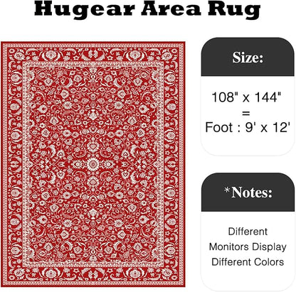 HUGEAR Christmas 9x12 Machine Washable Rugs Red Hallway Large Area Rug Indoor Accent Rug Floral Low Pile Carpet Soft Throw Aesthetic Rug Bedroom Living Room Office Dining Room Kitchen Laundry Room