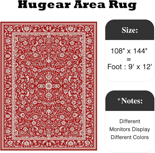 HUGEAR Christmas 9x12 Machine Washable Rugs Red Hallway Large Area Rug Indoor Accent Rug Floral Low Pile Carpet Soft Throw Aesthetic Rug Bedroom Living Room Office Dining Room Kitchen Laundry Room