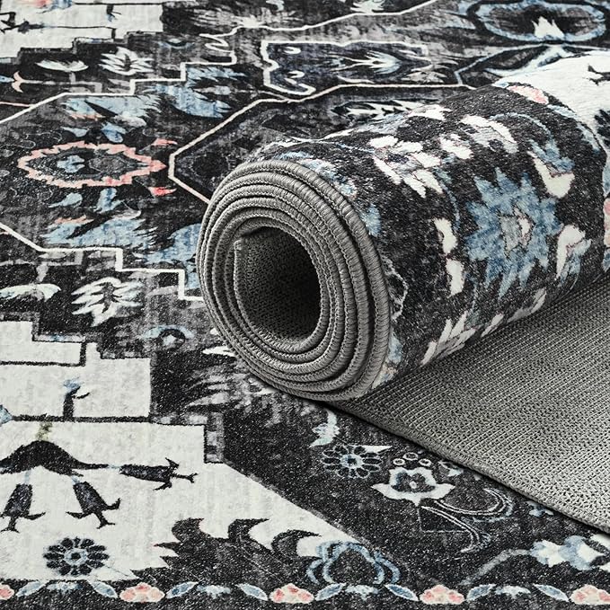 Area Rugs 6x9 for Living Room, Bedroom, Washable Vintage Rugs -Low Pile Distressed Rugs for Kitchen, Dining Room, Water Repellent & Non Shedding, Black and Blue