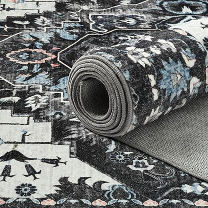 Beglad Area Rugs 4x6 for Living Room, Bedroom, Washable Vintage Rugs -Low Pile Soft Distressed Rugs for Kitchen, Dining Room, Non Shedding, Black and Blue