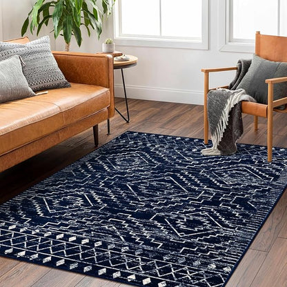 Wonnitar Moroccan Washable Area Rug 4x6, Blue Rugs for Living Room, Non-Slip Boho Bedroom Throw Mat, Non-Shedding Large Geometric Low Pile Floor Carpet for Home Office Mudroom Kitchen (Blue,4'x6')