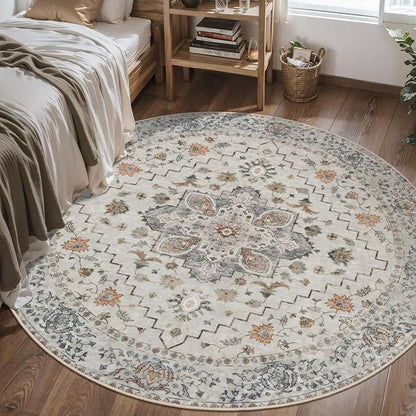Tangsoo Vintage Round Rug 4ft Washable Circle Rug, Non Slip Small Boho Round Rug, Low Pile Circular Rugs, Round Carpet for Bedroom,Entryway,Nursery,Dorm,Kitchen,Grey