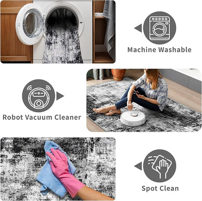 3x16 Washable Runner Rug for Hallway: Extra Long Runners for Entryway Living Room Dining Room - Stain and Water Resistant Rugs with Non-Slip Backing - Soft Low-Pile Carpet Black Grey