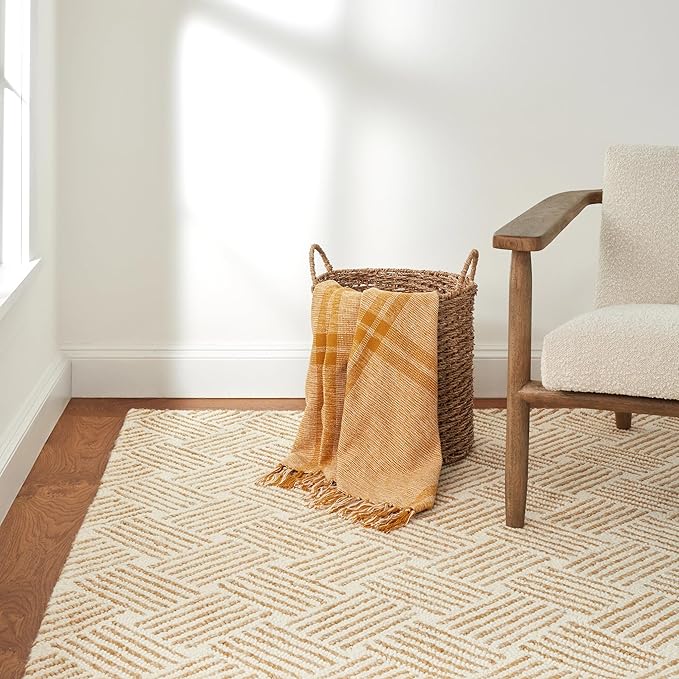 Dash & Albert Layers Ochre Hand Hooked Wool Rug, 9.5 X 13.5 Feet, Yellow/Orange Geometric Pattern - Premium Luxury Hotel Quality Soft Breathable Hypoallergenic Machine Washable Easy Care All Season