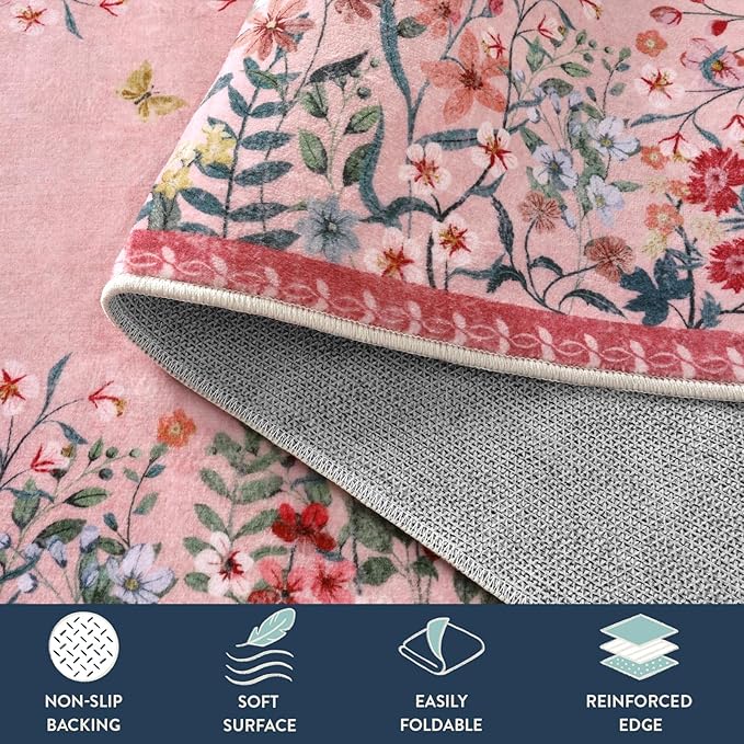 Lahome Boho Floral 5x7 Pink Rugs for Bedroom Girls, Non Slip Washable Nursery Rugs for Living Room, Pastel Indoor Throw Carpet for Dorm Classroom Playroom(Pink,5x7)