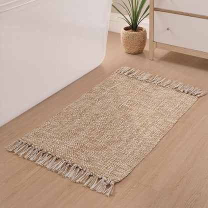 Collive Small Bathroom Rug, 2' x 3' Hand-Woven Low Profile Front Entryway Rug, Tan Cotton Reversible Washable Kitchen Mat Modern Farmhouse Carpet for Foyer Bedroom Back Door Decor