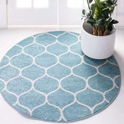Rugs.com Lattice Frieze Collection Rug – 4' Round Light Blue Medium Rug Perfect for Kitchens, Dining Rooms