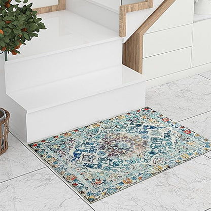 Easy-Going Boho Area Rug 3x5 Entryway Rug Washable Inside Door Mats for Home Entrance Non-Slip Medallion Distressed Small Rugs for Entry Living Room Bedroom Kitchen Lightweight Carpet, Vintage Multi