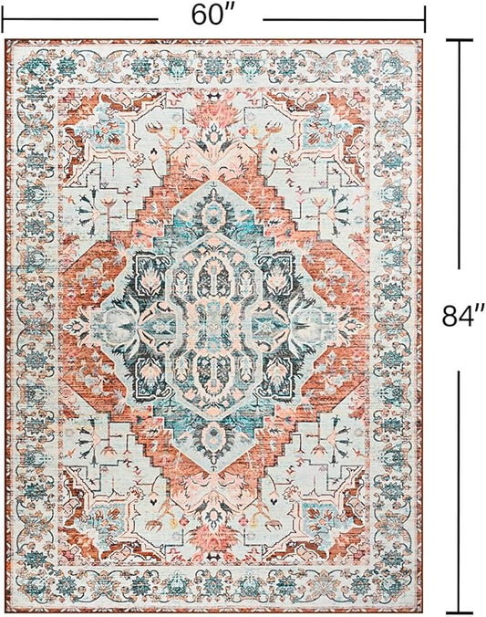 YJ.GWL Area Rugs for Living Room 5x7 Machine Washable Rugs, Non Slip Floral Vintage Rug Indoor Carpet, Stain Resistant Large Rug for Bedroom Dining Room, Copper Tan