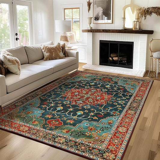 WILLSUN Washable Area Rugs, 4x6 Non-Slip Boho Large Area Rugs for Living Room, Bedroom, Machine Washable Vintage Rug, Indoor Floral Print Carpet for Home Decor, Kid & Pet Friendly Mat