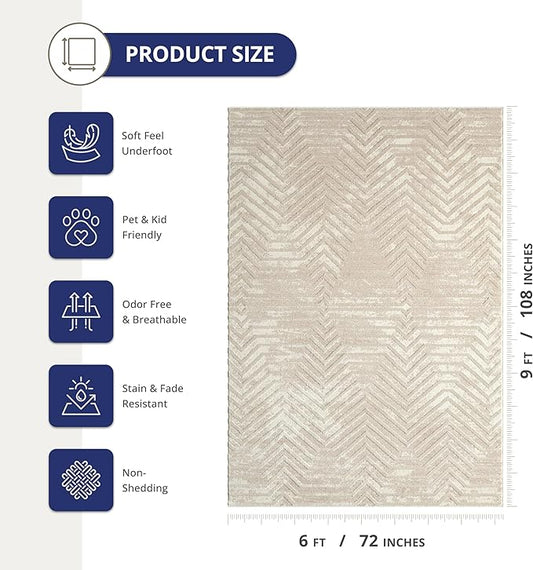 Abani Terra Cream 6' x 9' Area Rug for Living Room, Bedroom - Geometric Lines Pattern - Durable & Easy to Clean