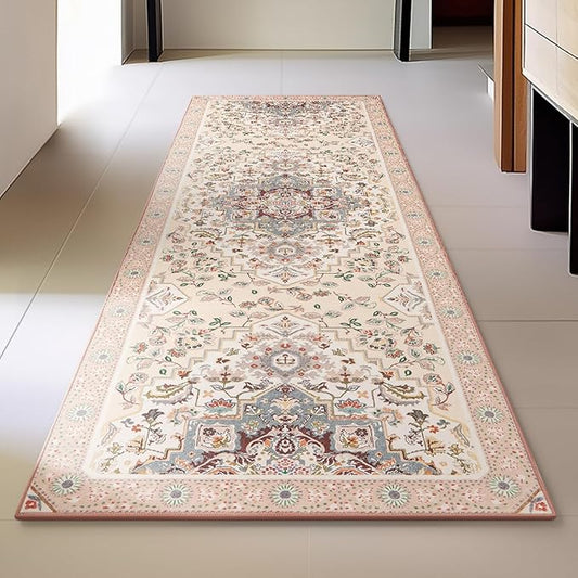 Phantoscope Washable Runner Rug 2'x6' Non-Slip, Vintage Boho Hallway Rugs for Entryway, Stair, Bedroom, Persian Floral Medallion Pattern, Low-Pile Foldable Floor Carpet, Ivory Rose/Fall Bloom