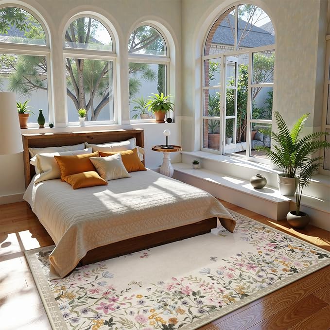 Lahome Boho Floral Beige Washable 5x7 Area Rugs for Living Room, Non Slip Rugs for Bedroom, Indoor Throw Dining Room Carpet for Under Table Entryway Kitchen Office(Beige,5x7)