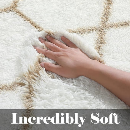 ONASAR Area Rugs for Bedroom Living Room, Washable 4x6 Fluffy White and Beige Throw Rug, Geometric Boho Shaggy Soft Plush Floor Carpet for Nursery Kids Girls Boys Teen Dorm Home Decor Aesthetic