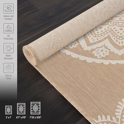 CAMILSON Outdoor Rug 6x9 Modern Area Rugs for Indoor and Outdoor Patios and Porches - Waterproof, Washable, Non-Shedding, Easy-to-Clean Outside Carpet (6 x 9, Medallion - Beige/White)