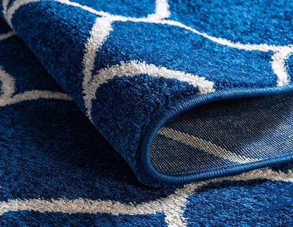 Rugs.com Lattice Frieze Collection Rug – 7' Round Navy Blue Medium Rug Perfect for Kitchens, Dining Rooms