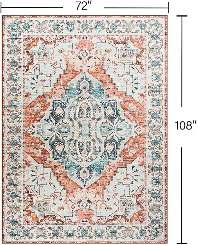 YJ.GWL Area Rugs for Living Room 6x9 Machine Washable Rugs, Non Slip Floral Vintage Rug Indoor Carpet, Stain Resistant Large Rug for Bedroom Dining Room, Copper Tan
