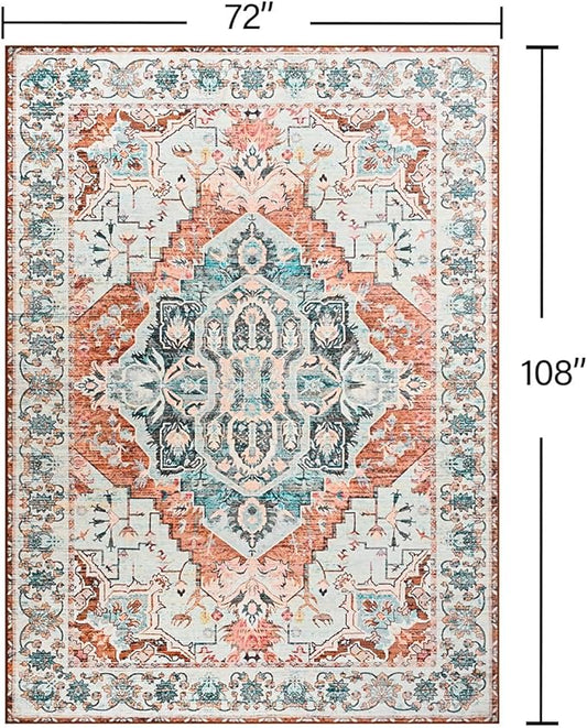 YJ.GWL Area Rugs for Living Room 6x9 Machine Washable Rugs, Non Slip Floral Vintage Rug Indoor Carpet, Stain Resistant Large Rug for Bedroom Dining Room, Copper Tan