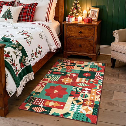 jinchan Christmas Rug 3x5 for Entryway Washable Christmas Bedroom Rug Xmas Geometric Doormat Non-Slip Soft Throw Carpet Festive Red-Green Holiday Patch Decor for Kitchen Living Room Bathroom