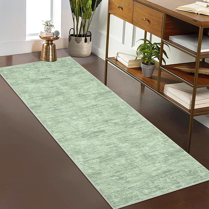 RUGSREAL Modern Runner Rug 2.5x8 Stain Resistant Washable Kitchen Runner Carpet ith Rubber Backing Low Pile Contemporary Solid Color Entryway Mat Ultra Soft Rug for Living Room Bedroom, Green