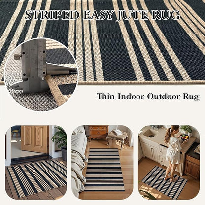 Lahome Striped Easy Jute Front Door Mat, 2x3 Washable Kitchen Rug Small Indoor Outdoor Rugs for Entryway, Farmhouse Neutral Lightweight Non Slip Black Carpet for Foyer