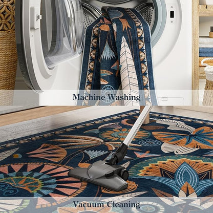 Egypt Floral Kitchen Runner Rugs Non Skid Washable,2x8 Boho Vintage Hallway Bathroom Runner Rug Non Slip,Soft Long Carpet for Laundry Room Entryway Bedroom (Dark Blue,2 x 8)