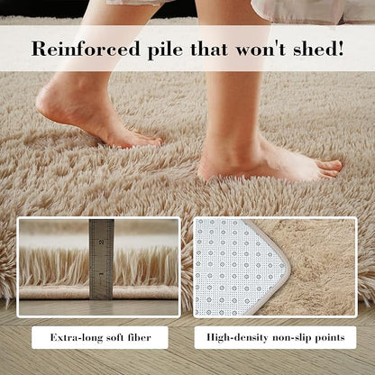Fluffy Rug Shaggy Area Rug, Beige 4x6 Area Rugs for Bedroom, Small Bedside Rug, Soft Fluffy Shaggy Entryway Throw Rugs for Living Room Bedroom Kids Room Home Decor