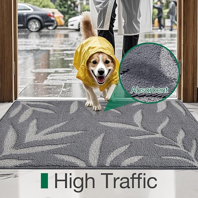 LUMI Indoor Door Mat 32x48, Washable Front Doormat with Welcome Leaf Pattern, Non-Slip Rubber Back Absorbent Mats for Entrance, Patio, Garage, Light Grey