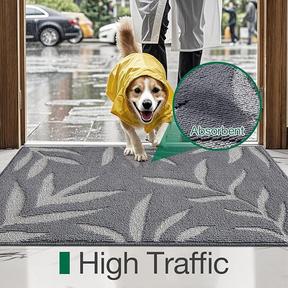 LUMI Indoor Door Mat 48x72, Washable Front Doormat with Welcome Leaf Pattern, Non-Slip Rubber Back Absorbent Mats for Entrance, Patio, Garage, Light Grey