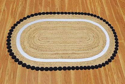 Oval Jute Runner 3x20 Flatweave Kilim Runner Hand Braided Jute Thick 0.27" Solid Pattern Black Beige Natural Oval Handmade Boho Indoor Outdoor Rugs for Hallway Enterway Stair Corridor
