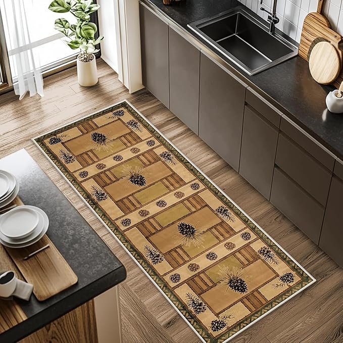 Pinecone Runner Rug, 4x10ft Rustic Country Style Hallway Runner Rug - Corridor & Foyer Area Rugs, Washable Non-Slip Mat, Country Home Decor Carpet for Indoor Living Room Hallway Spaces