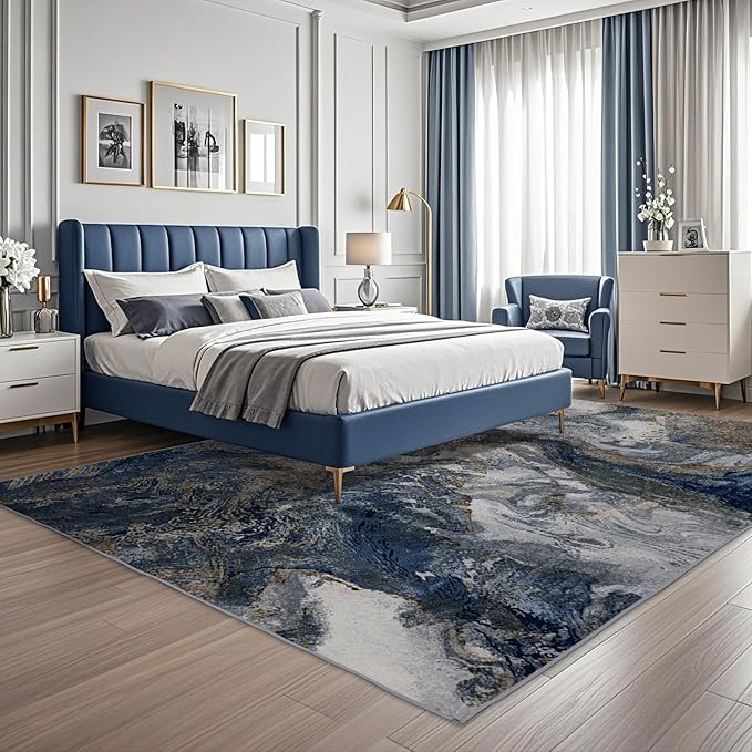Modern Washable Rug for Living Room: Abstract 5x7 Area Rugs for Bedroom Low Pile Non Slip - Stain Resistant Carpet for Dining Room Indoor - Blue Gold