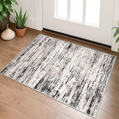 Modern Abstract Entryway Rug Indoor 2x3 Washable Rug Non-Slip Soft Small Area Rug White Black Grey Taupe Kitchen Mats Thin Print Faux Wool Floor Carpet Throw Rugs for Entrance Bedroom Office