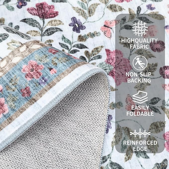 Floral Washable Rug 4x6, Non-Slip Low Pile Botanical Carpet, Vintage Farmhouse Area Rug for Bedroom Nursery Kids Room Home Decor, Light Blue
