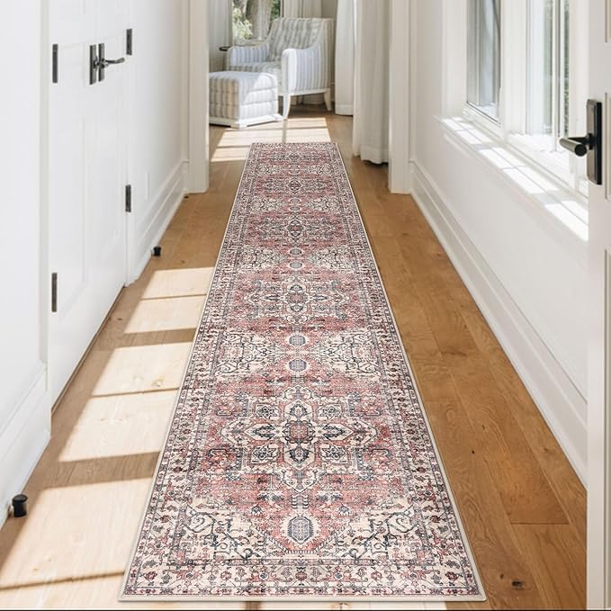 KOZYFLY Runners for Hallways 2x12 Ft Extra Long Washable Kitchen Runner Rug Boho Entryway Rug for Hallways Indoor Printed Faux Wool Stair Runner Carpet for Stairs Kitchen Hall, Terracotta/Beige