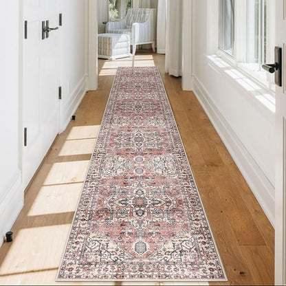 KOZYFLY Runners for Hallways 2x12 Ft Extra Long Washable Kitchen Runner Rug Boho Entryway Rug for Hallways Indoor Printed Faux Wool Stair Runner Carpet for Stairs Kitchen Hall, Terracotta/Beige