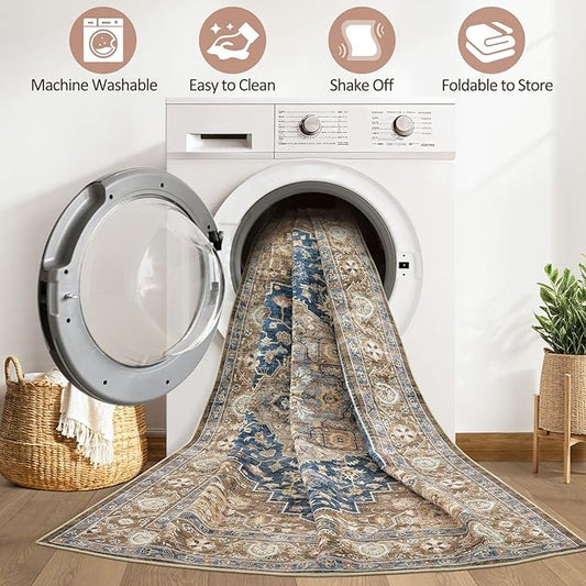 9x12 Area Rug Living Room: Washable Boho Large Neutral Vintage Soft Rugs Stain Resistant Farmhouse Non-Slip Indoor Floor Carpet for Bedroom Nursery Kids Office Dining Room Playroom- Yellow Blue