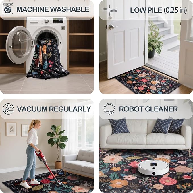 6x9 Area Rug, Floral Rugs for Living Room, Stain-Resistant Washable Bedroom Rug, Non-Slip Area Rugs for Dining Room Under Table, Indoor Carpet for Home Office (6 x 9 Black)
