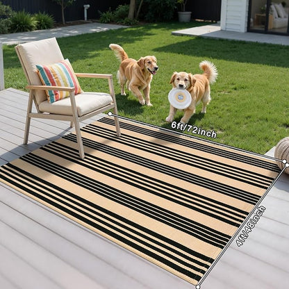 Black and Khaki Striped Outdoor Rug 4x6 ft, Washable Cotton Woven Patio Rug, Reversible Foldable Front Porch Decor Indoor Outdoor Rugs for Farmhouse/Living Room