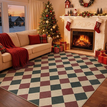 Lahome Checkered Rugs for Living Room, 8x10 Indoor Outdoor Rug Dining Room Office Carpet, Checkerboard Green and Red Washable Non Slip Floor Carpet for Patio Classroom Backyard