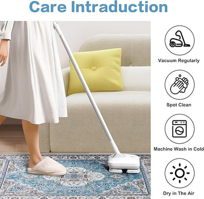 COMSLE Area Rug 4x6 Faux Wool Rugs for Kitchen, Boho Washable Throw Rugs Non-Slip Distressed Carpet Soft Accent Floor Rug for Bedroom, Living Room, Laundry Room (Light Blue)