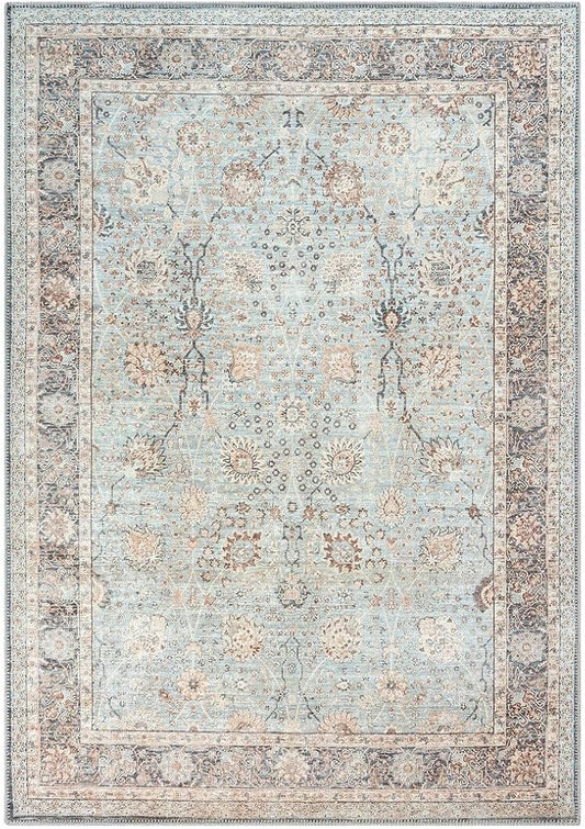GLN Rugs Traditional Collection - Machine Washable Area Rug, Traditional Washable, Non Slip, Low Pile Chenille Rug, Living Room, Bedroom, Kitchen Rug (9' x 12' Light Blue)
