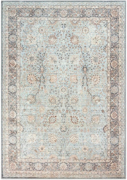 GLN Rugs Traditional Collection - Machine Washable Area Rug, Traditional Washable, Non Slip, Low Pile Chenille Rug, Living Room, Bedroom, Kitchen Rug (6' x 9' Light Blue)