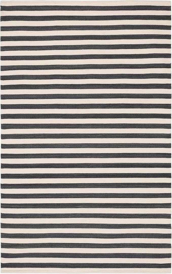 Home Conservatory Ladder Stripe Black/Ivory Handwoven Wool 8 X 10 Feet, Black/Ivory Stripe Pattern