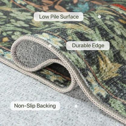 Bavni 8x10 Area Rugs for Living Room, Floral Rug Machine Washable Non Slip, Vintage Boho Forest Carpet, Soft Low Pile Thin Lightweight Rugs for Bedroom, Farmhouse, Dining Room Office, Emerald Green