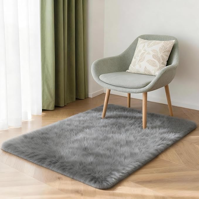 2x3 Solid Fluffy Grey Area Rug – Washable, Durable,Small Bedroom Rug, Non-Slip High Pile Shag Rugs for Living Room, Bedroom, Bedside, Dorms, Nursery Rooms, Kids Room, Soft Indoor Floor Carpet
