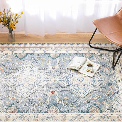 Phantoscope Washable Area Rug 5'x7' Non-Slip, Vintage Neutral Rugs for Living Room, Bedroom, Dining Room, Distressed Boho Geometric Medallion Pattern, Low-Pile Foldable Floor Carpet, Dusty Blue/Multi