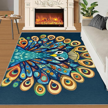 Boho Peacock Rugs for Living Room - 4x5 Rug, Peacock Decor Area Rugs for Bedroom, Teal Turquoise Rug, Modern Style Washable Carpet, Aesthetics Carpet - Peafowl Home Decor & Gifts